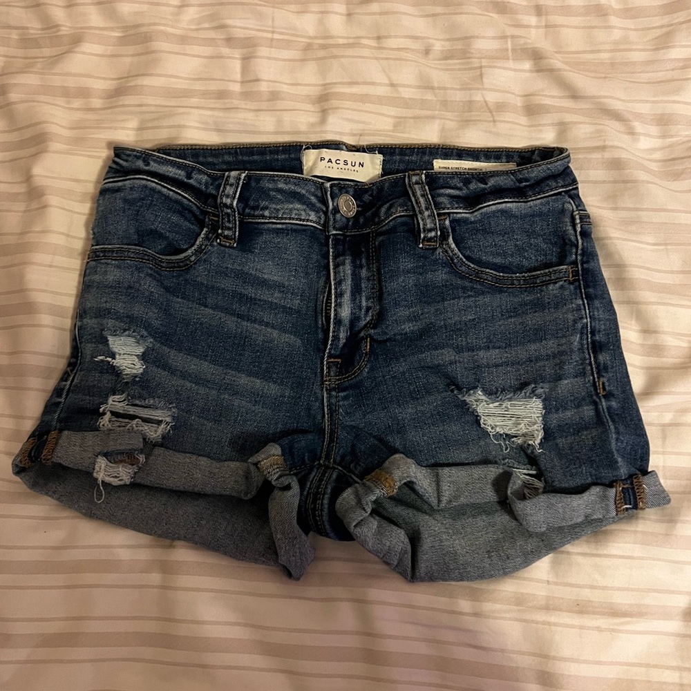 PacSun Dark Medium Wash Jean Shorts with rips. Size 25